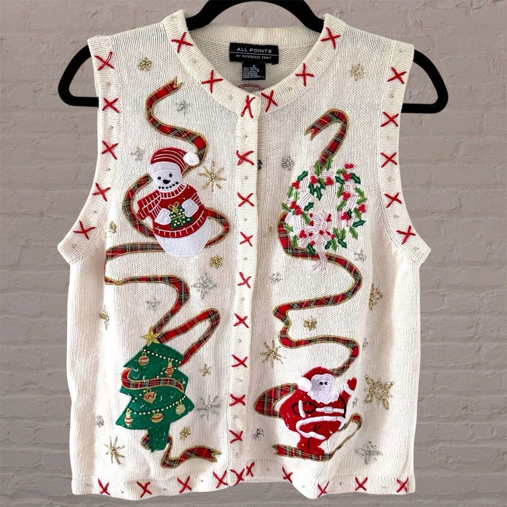 Vtg Christmas Holiday Snowman Santa Wreath Knit Vest Womens Small Beige Cream